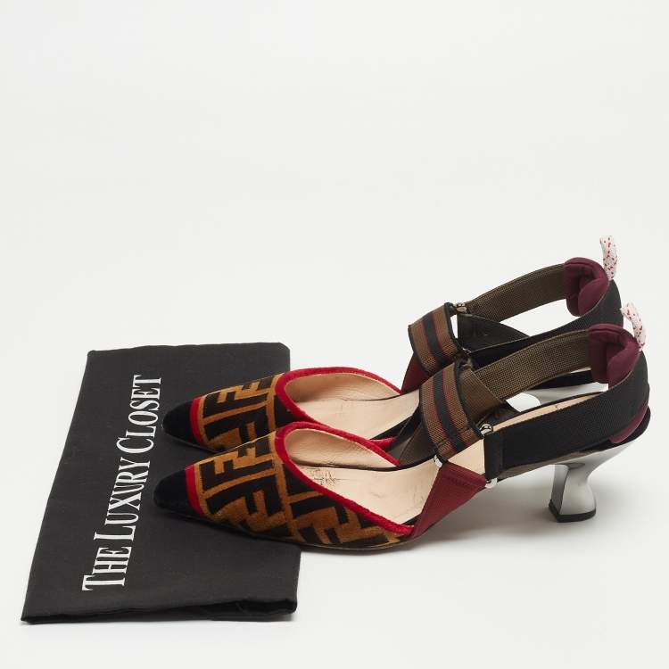 Pre Owned Fendi Brown/Black Zucca Velvet Colibri Slingback Pumps Size 39