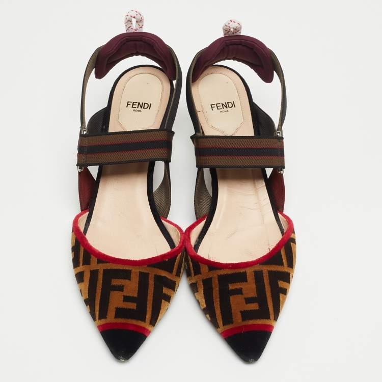 Pre Owned Fendi Brown/Black Zucca Velvet Colibri Slingback Pumps Size 39