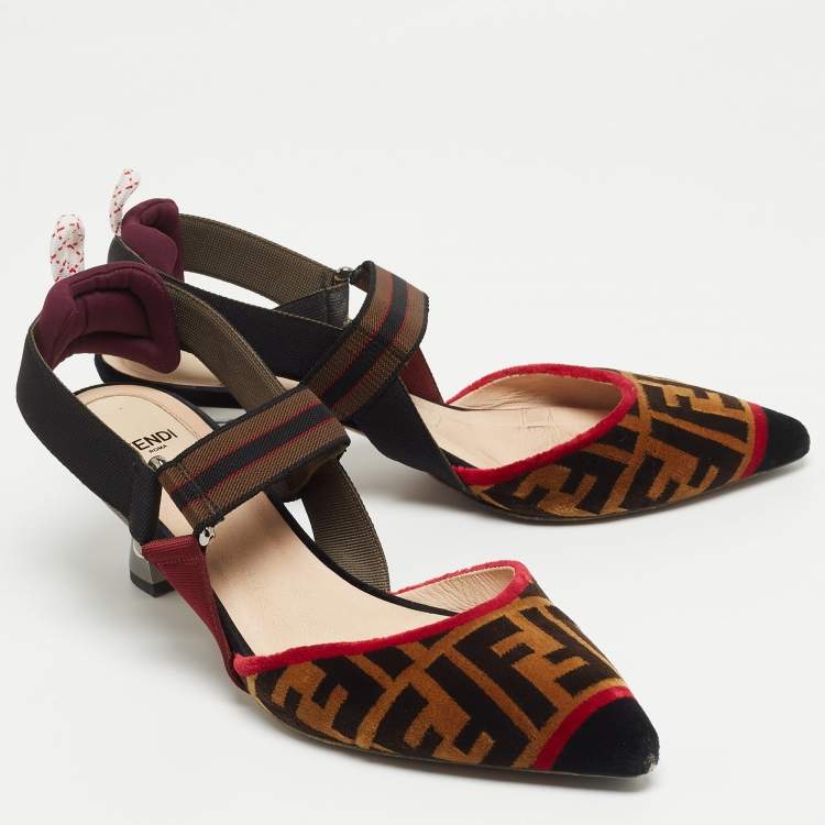 Pre Owned Fendi Brown/Black Zucca Velvet Colibri Slingback Pumps Size 39