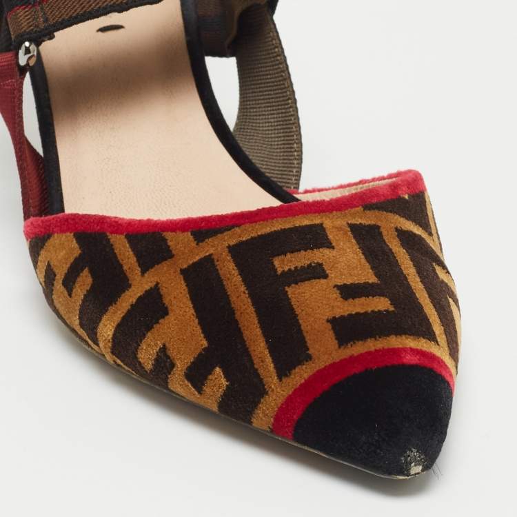 Pre Owned Fendi Brown/Black Zucca Velvet Colibri Slingback Pumps Size 39