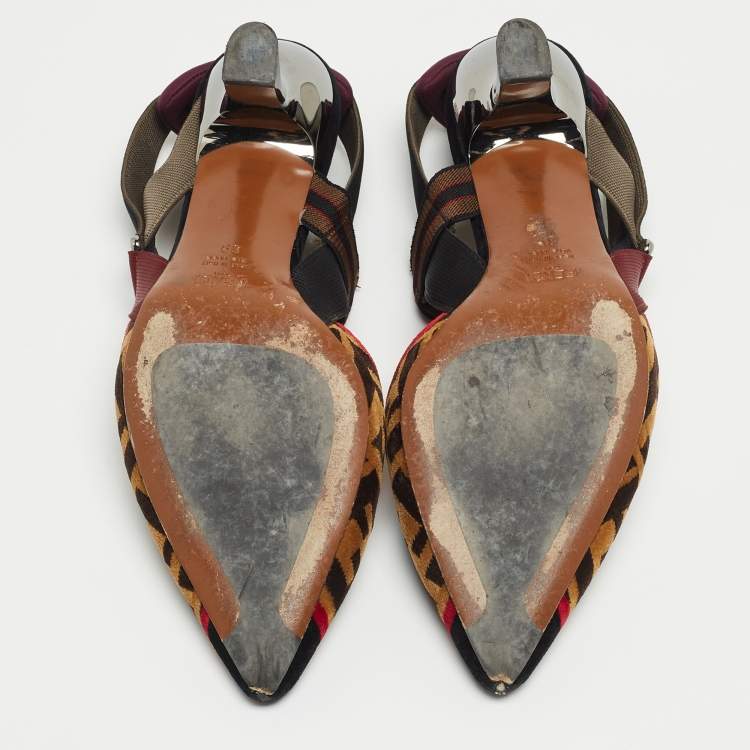 Pre Owned Fendi Brown/Black Zucca Velvet Colibri Slingback Pumps Size 39