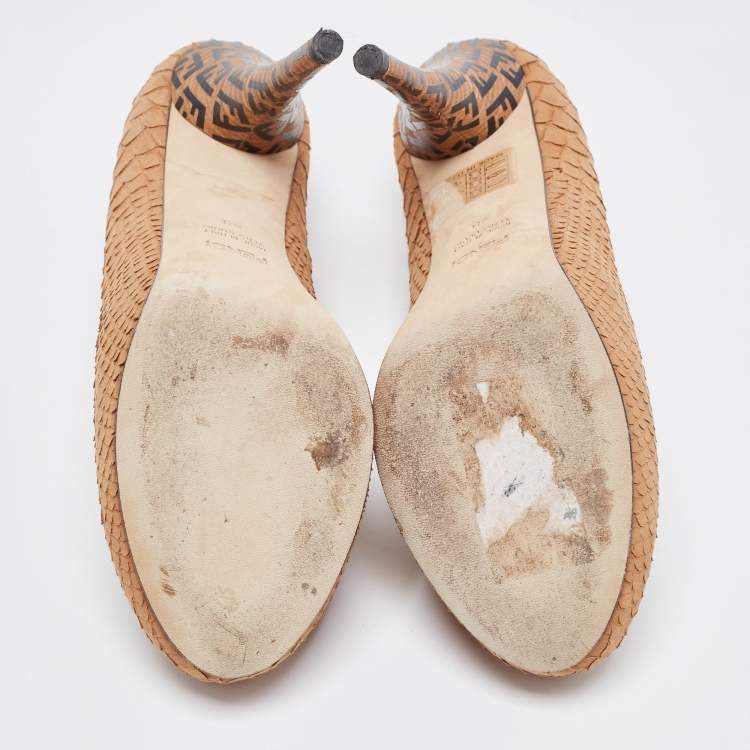 Pre Owned Fendi Light Brown Embossed Python FF Heel Platform Pumps Size 38