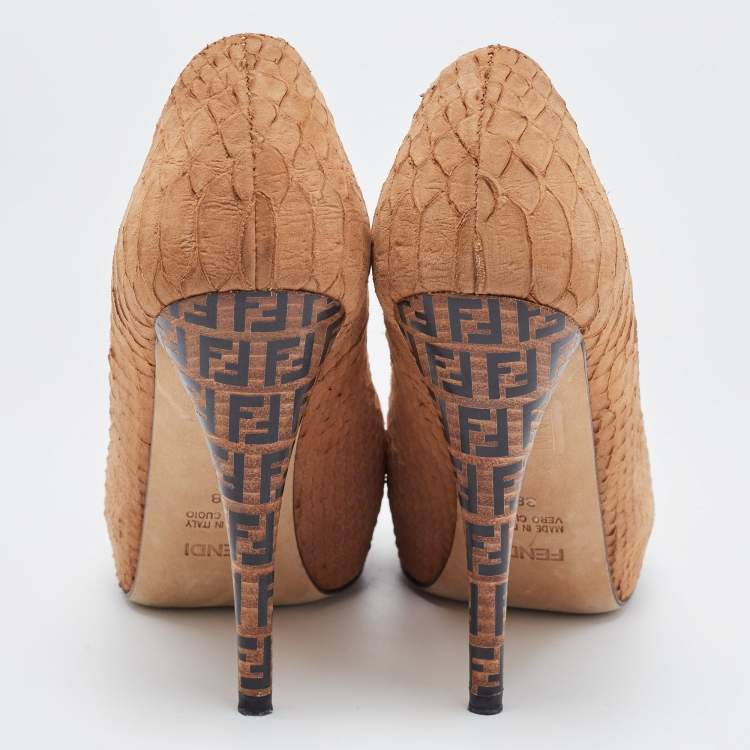 Pre Owned Fendi Light Brown Embossed Python FF Heel Platform Pumps Size 38