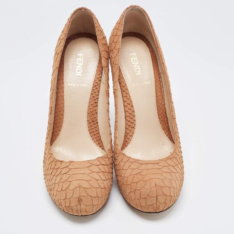 Pre Owned Fendi Light Brown Embossed Python FF Heel Platform Pumps Size 38