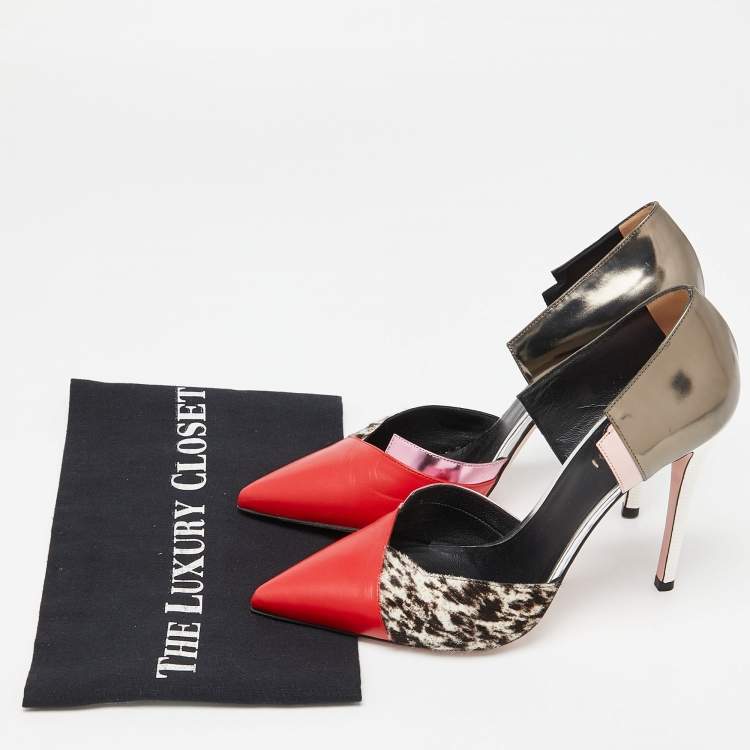 Pre Owned Fendi Multicolor Calfhair, Leather and Patent Trim Pointed Toe Pumps Size 39