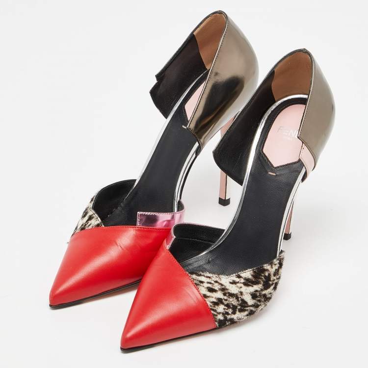Pre Owned Fendi Multicolor Calfhair, Leather and Patent Trim Pointed Toe Pumps Size 39