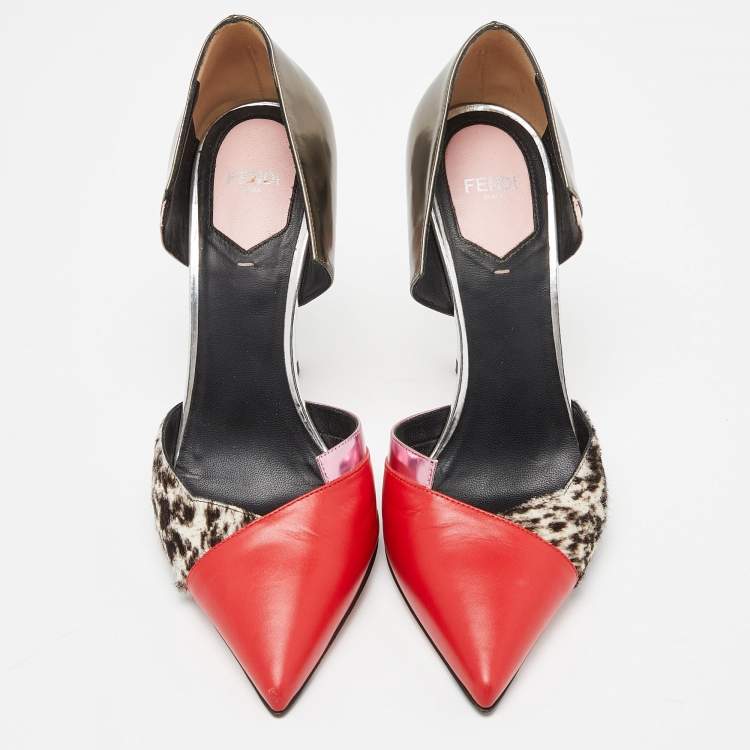 Pre Owned Fendi Multicolor Calfhair, Leather and Patent Trim Pointed Toe Pumps Size 39