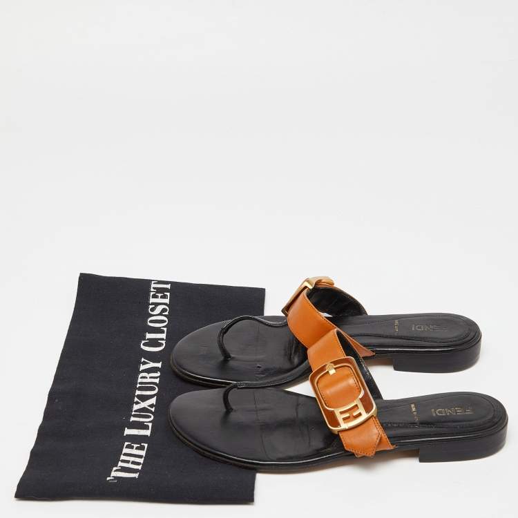 Pre Owned Fendi Brown/Black Leather Buckle Thong Slide Flats Size 35