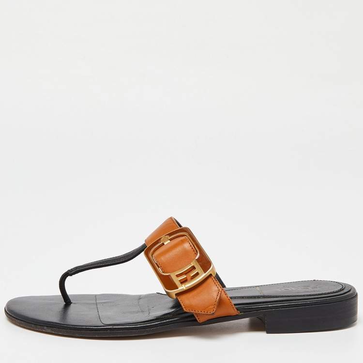 Pre Owned Fendi Brown/Black Leather Buckle Thong Slide Flats Size 35