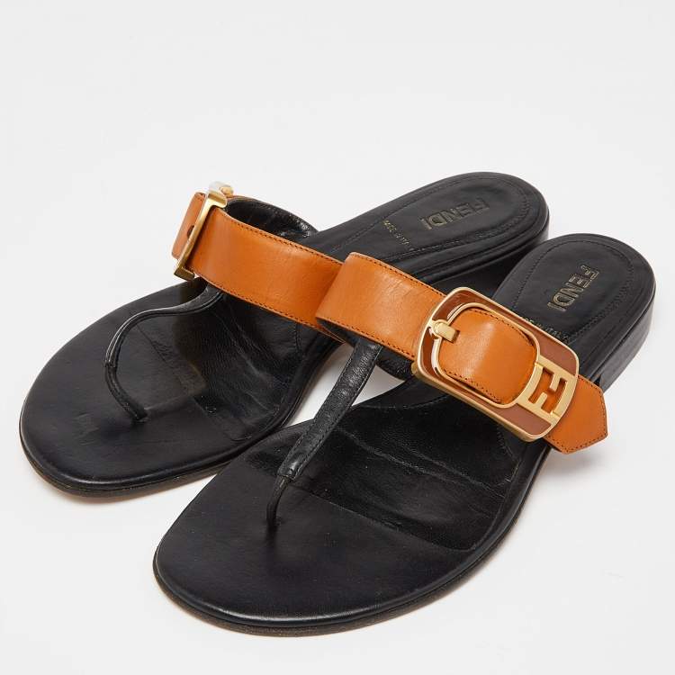Pre Owned Fendi Brown/Black Leather Buckle Thong Slide Flats Size 35