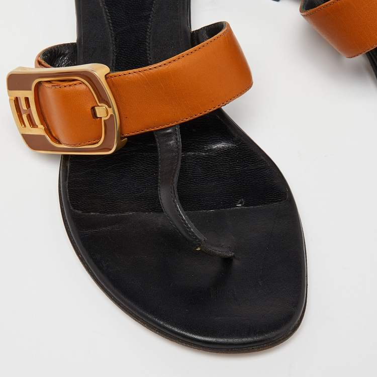 Pre Owned Fendi Brown/Black Leather Buckle Thong Slide Flats Size 35