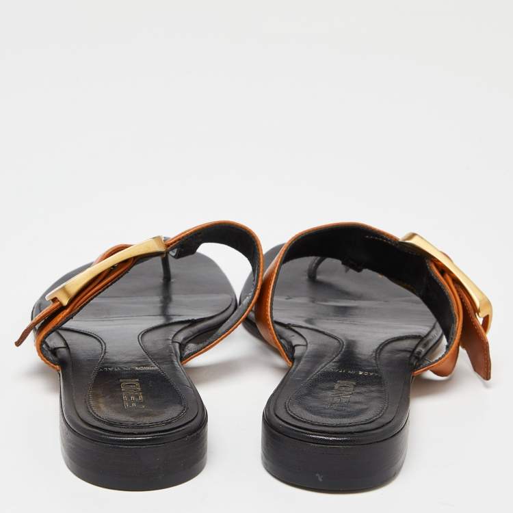 Pre Owned Fendi Brown/Black Leather Buckle Thong Slide Flats Size 35
