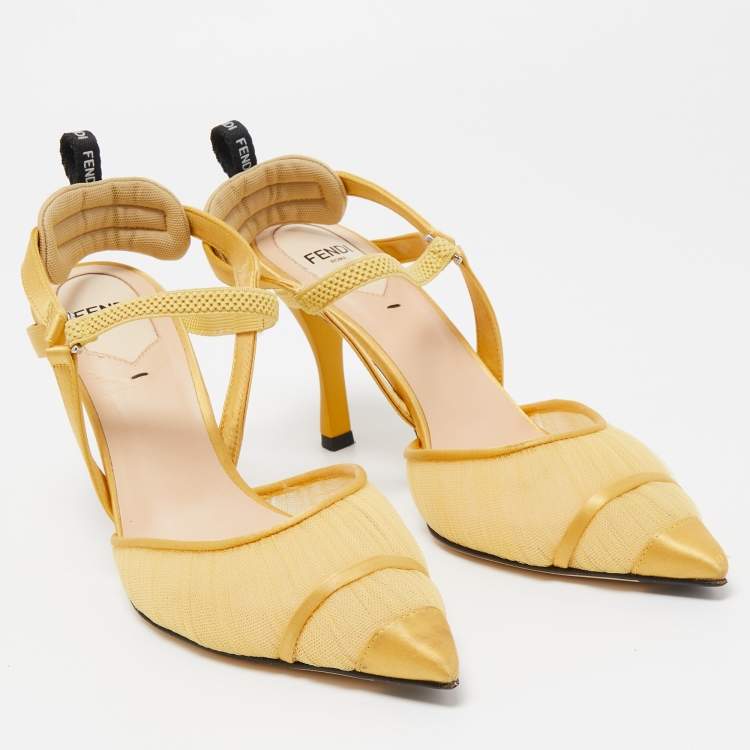 Pre Owned Fendi Yellow Mesh and Satin Colibri Lite Slingback Pumps Size 36