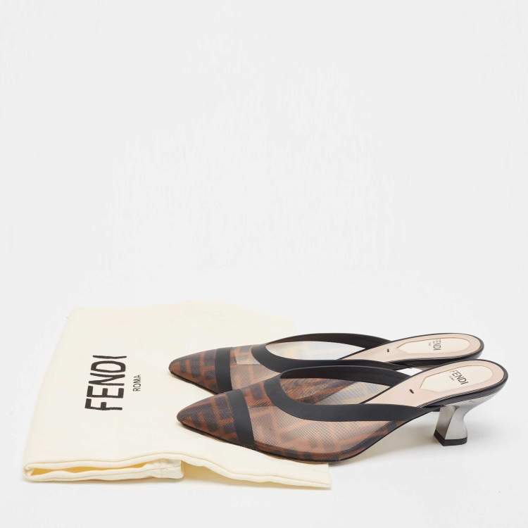 مملوكة مسبقًا Fendi Brown/Black Zucca Mesh and Leather Colibri Mules Size 36.5