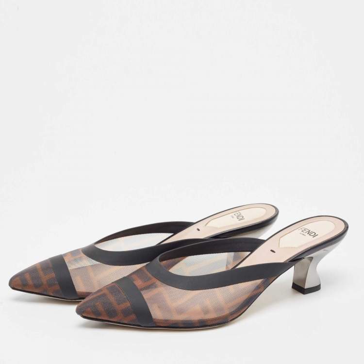 مملوكة مسبقًا Fendi Brown/Black Zucca Mesh and Leather Colibri Mules Size 36.5