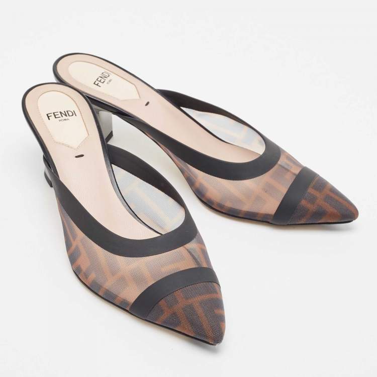 مملوكة مسبقًا Fendi Brown/Black Zucca Mesh and Leather Colibri Mules Size 36.5
