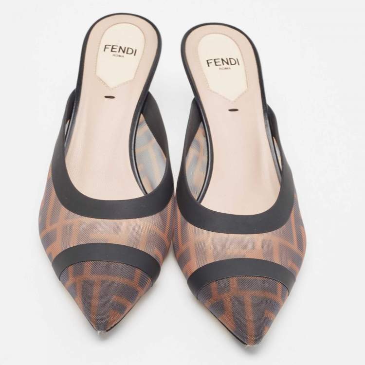 مملوكة مسبقًا Fendi Brown/Black Zucca Mesh and Leather Colibri Mules Size 36.5