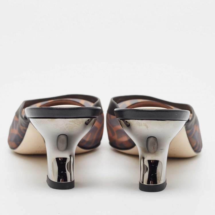 مملوكة مسبقًا Fendi Brown/Black Zucca Mesh and Leather Colibri Mules Size 36.5