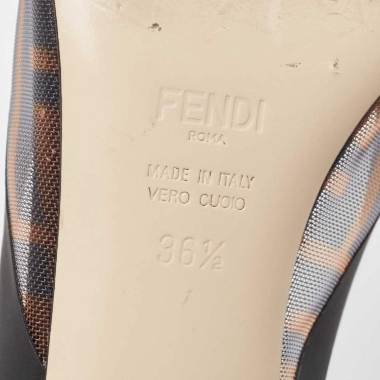مملوكة مسبقًا Fendi Brown/Black Zucca Mesh and Leather Colibri Mules Size 36.5