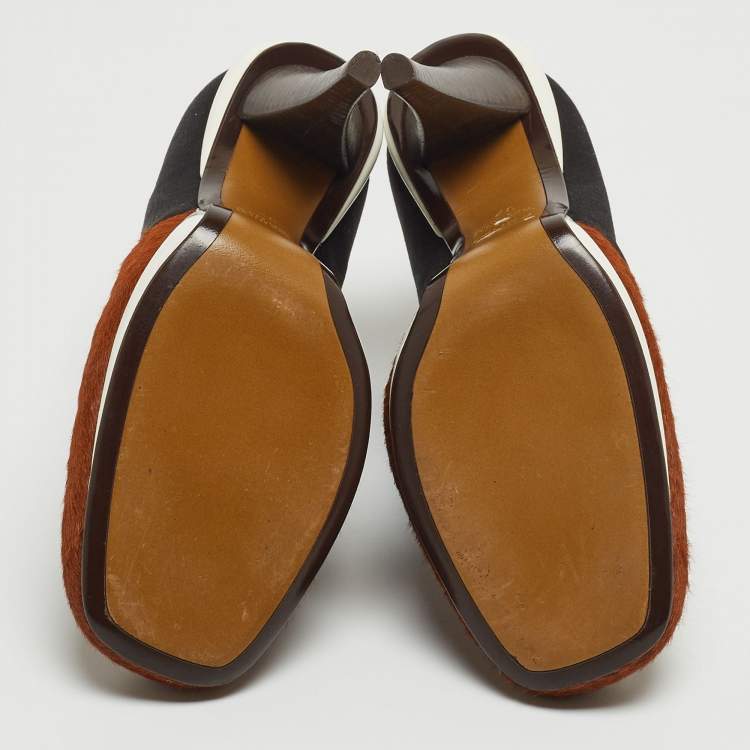 Pre Owned Fendi Brown/Black Calf Hair and Satin Ankle Booties Size 37