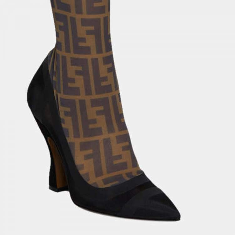 Pre Owned Fendi Black/Yellow Mesh and Lace Sock Pumps Size 39