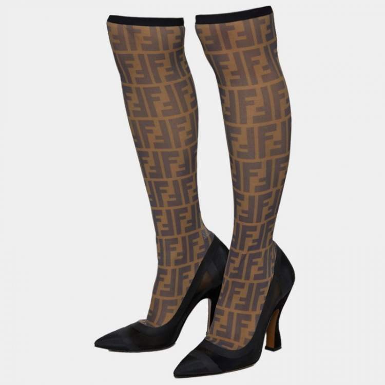Pre Owned Fendi Black/Yellow Mesh and Lace Sock Pumps Size 39