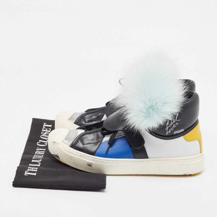 مملوكة مسبقًا Fendi Multicolor Fur And Leather Karlito Hight Top Sneakers Size 38.5