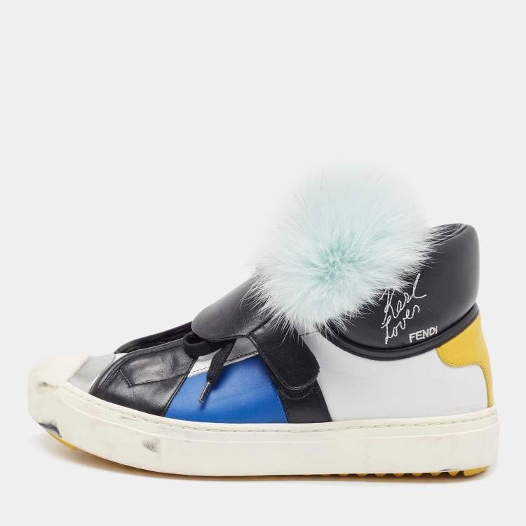 مملوكة مسبقًا Fendi Multicolor Fur And Leather Karlito Hight Top Sneakers Size 38.5