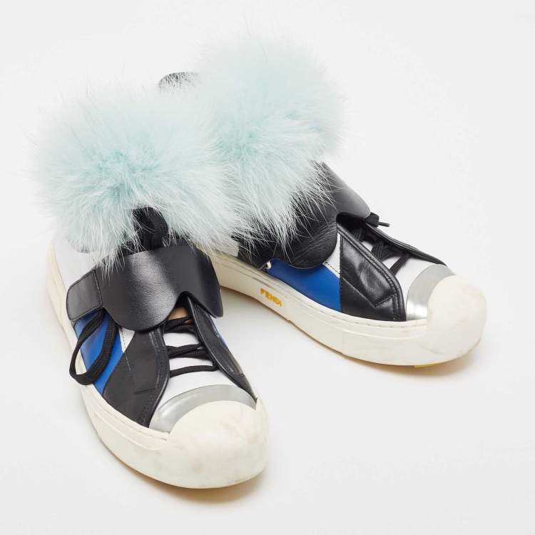 مملوكة مسبقًا Fendi Multicolor Fur And Leather Karlito Hight Top Sneakers Size 38.5
