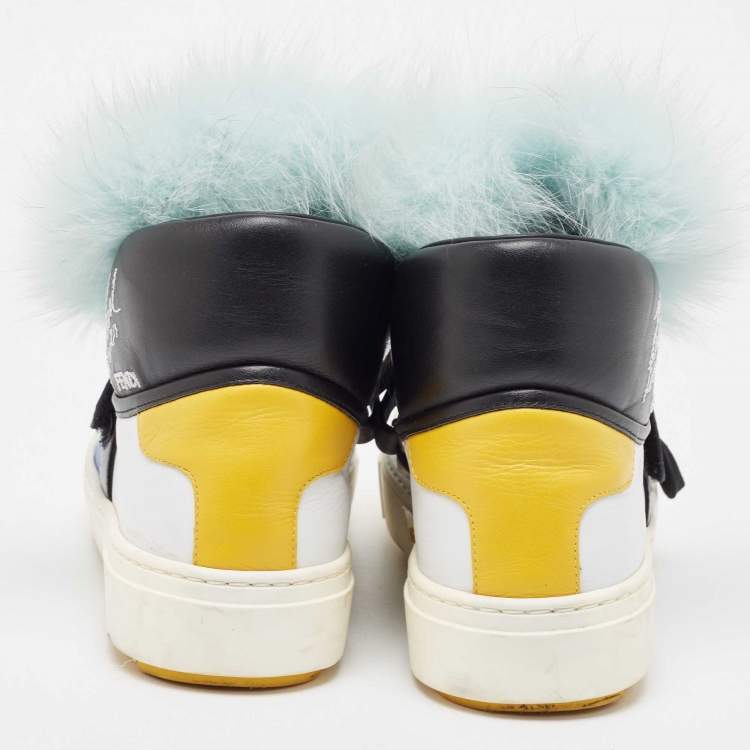 مملوكة مسبقًا Fendi Multicolor Fur And Leather Karlito Hight Top Sneakers Size 38.5