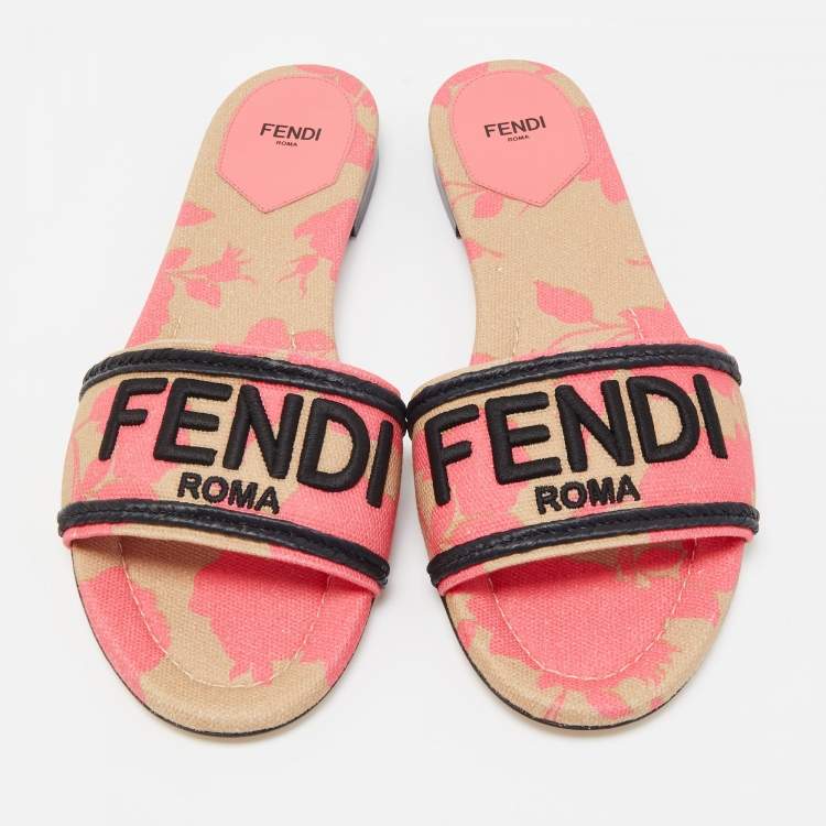Pre Owned Fendi Pink/Black Zucca Canvas Flat Slides Size 41