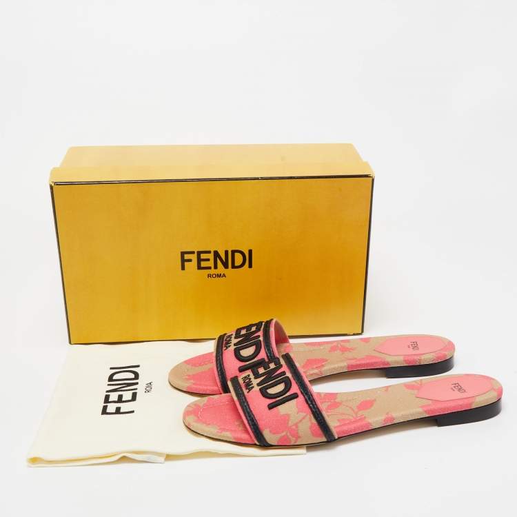 Pre Owned Fendi Pink/Black Zucca Canvas Flat Slides Size 41