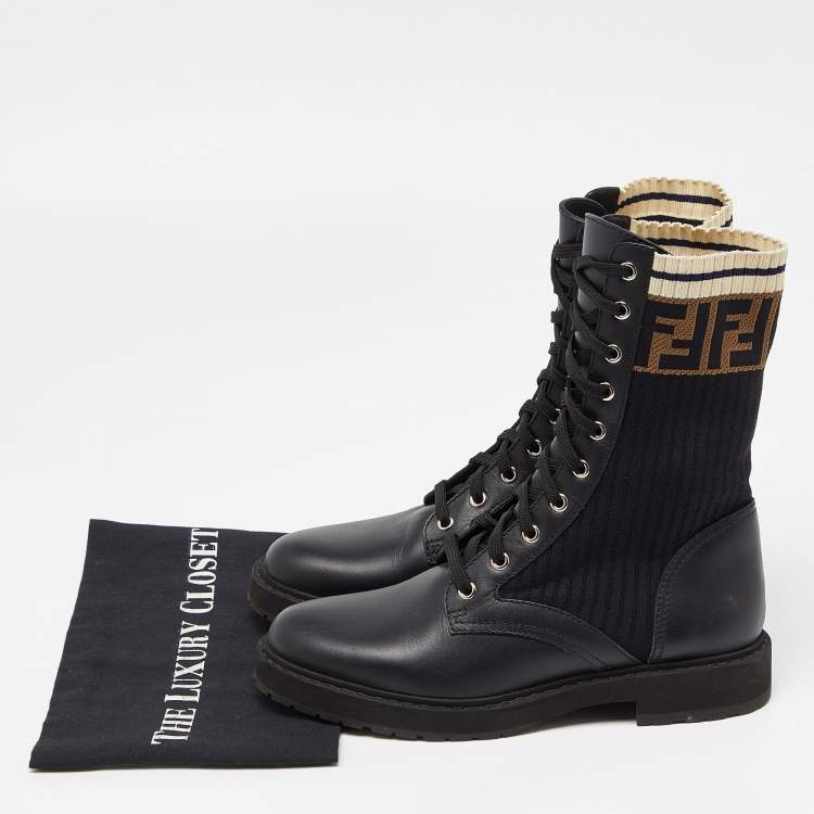 Pre Owned Fendi Black Leather and Zucca Stretch Fabric Rockoko Combat Boots Size 38