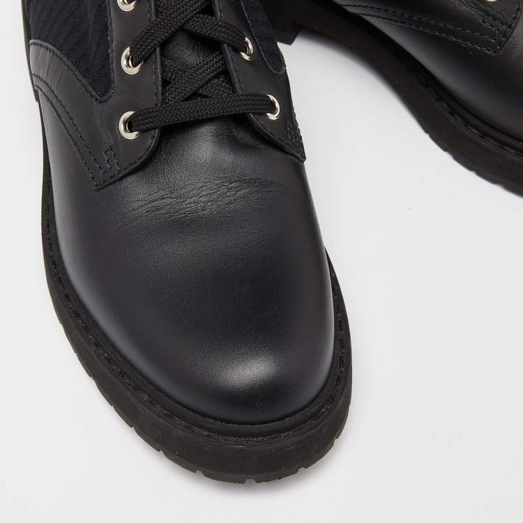 Pre Owned Fendi Black Leather and Zucca Stretch Fabric Rockoko Combat Boots Size 38