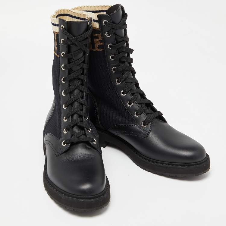 Pre Owned Fendi Black Leather and Zucca Stretch Fabric Rockoko Combat Boots Size 38