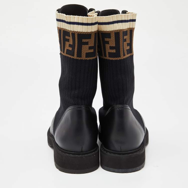 Pre Owned Fendi Black Leather and Zucca Stretch Fabric Rockoko Combat Boots Size 38