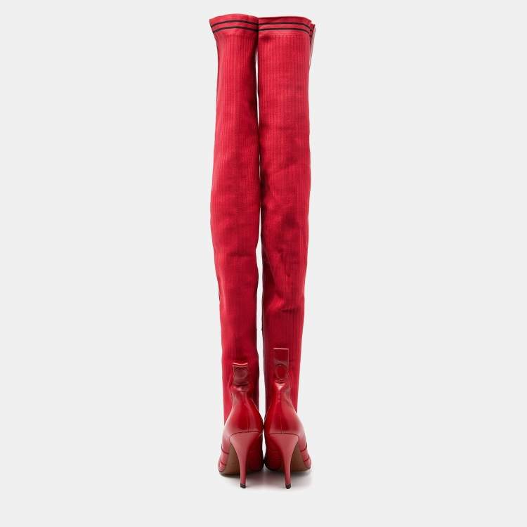 Pre Owned Fendi Red Leather and Knit Fabric Rockoko Thigh High Boots Size 37