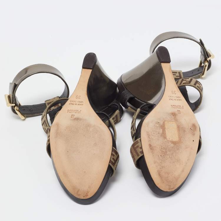 Pre Owned Fendi Brown/Beige Canvas and Leather Wedge Sandals Size 39