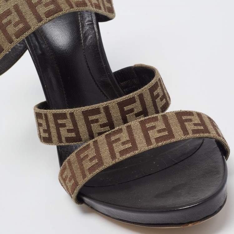 Pre Owned Fendi Brown/Beige Canvas and Leather Wedge Sandals Size 39