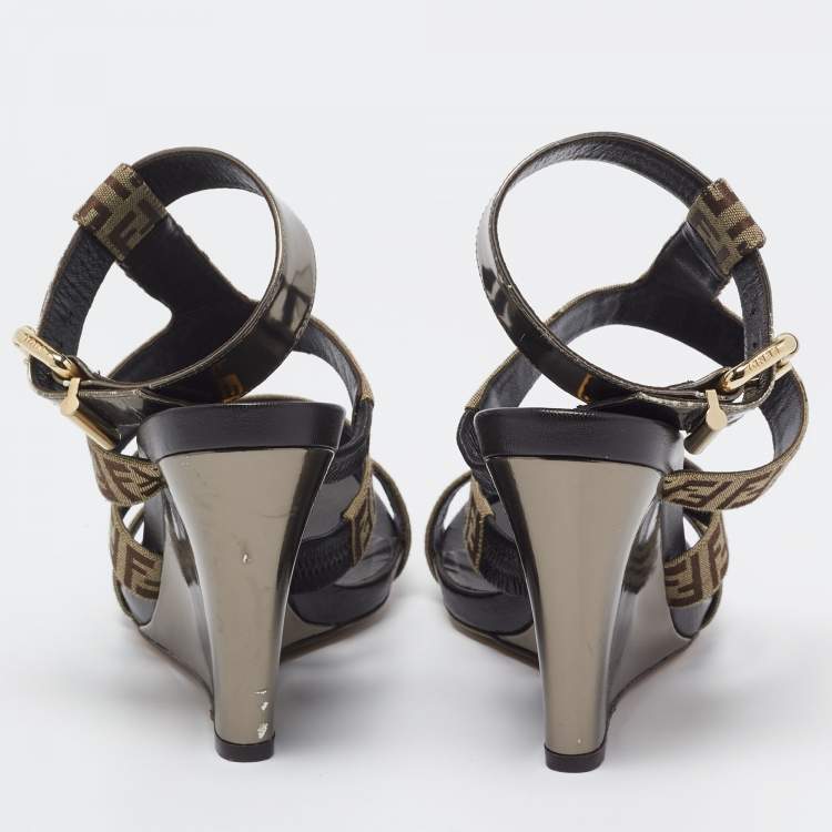 Pre Owned Fendi Brown/Beige Canvas and Leather Wedge Sandals Size 39