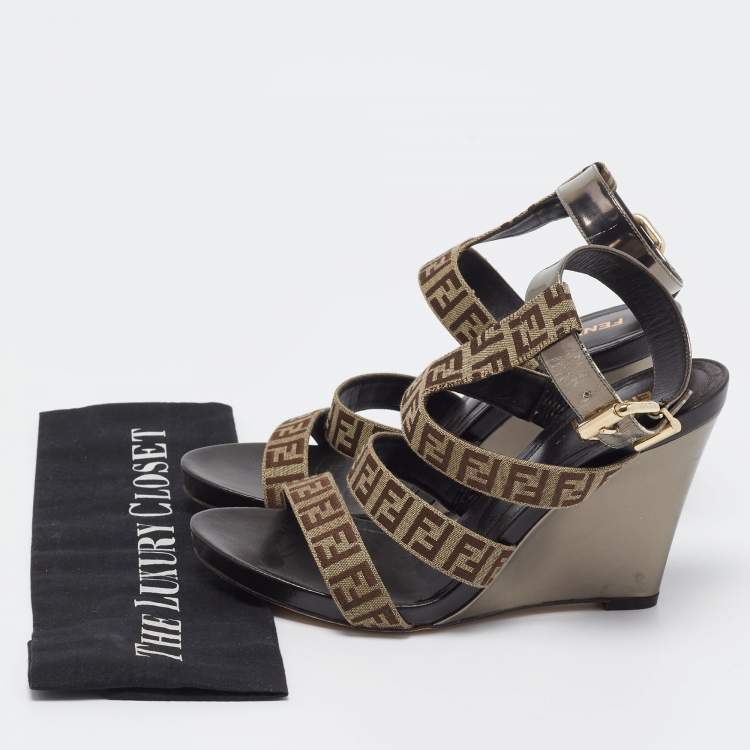 Pre Owned Fendi Brown/Beige Canvas and Leather Wedge Sandals Size 39