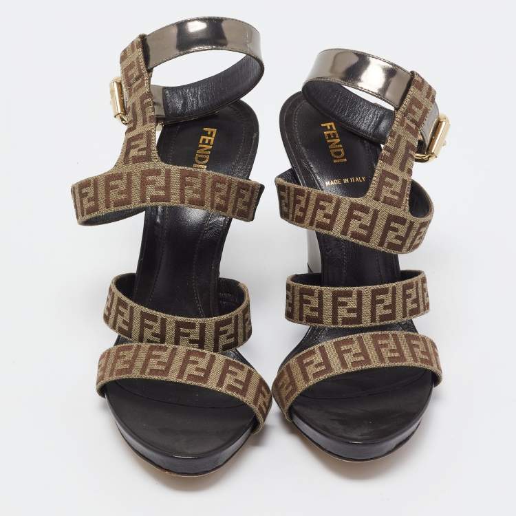 Pre Owned Fendi Brown/Beige Canvas and Leather Wedge Sandals Size 39