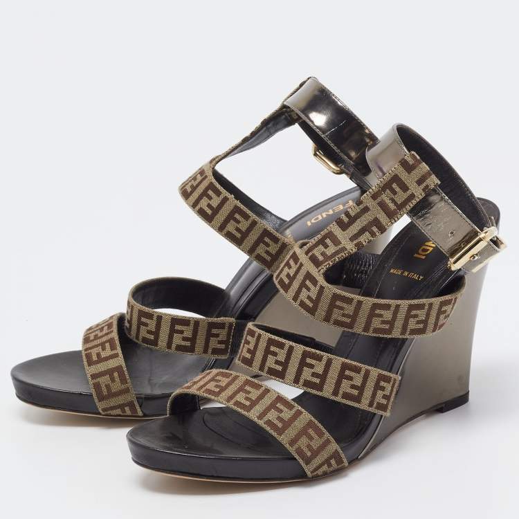 Pre Owned Fendi Brown/Beige Canvas and Leather Wedge Sandals Size 39