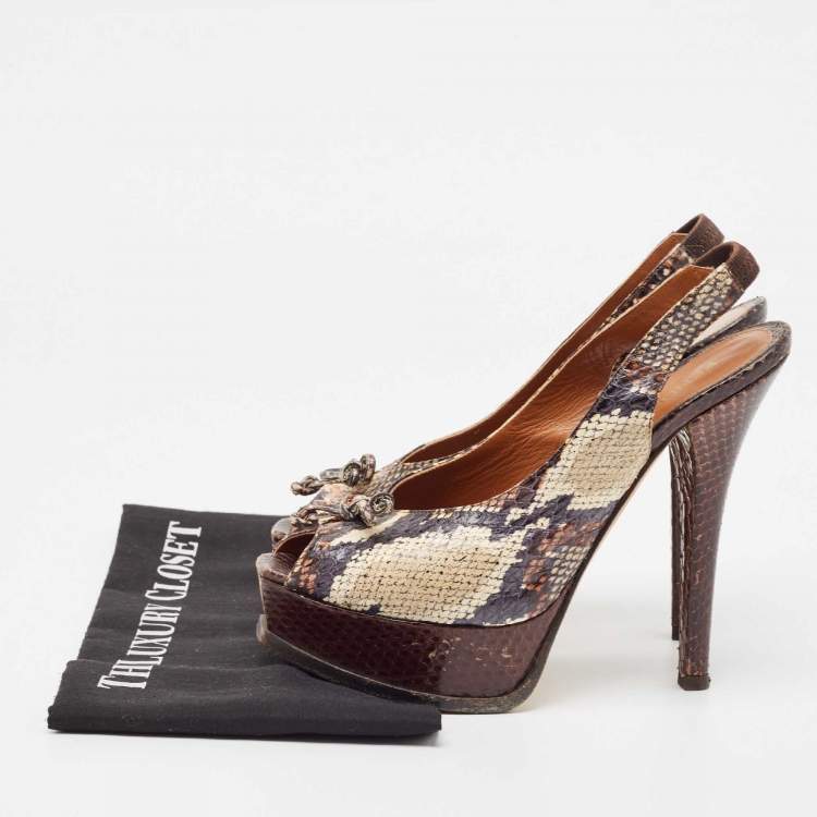 Pre Owned Fendi Tricolor Python Bow Fendista Slingback Pumps Size 39.5