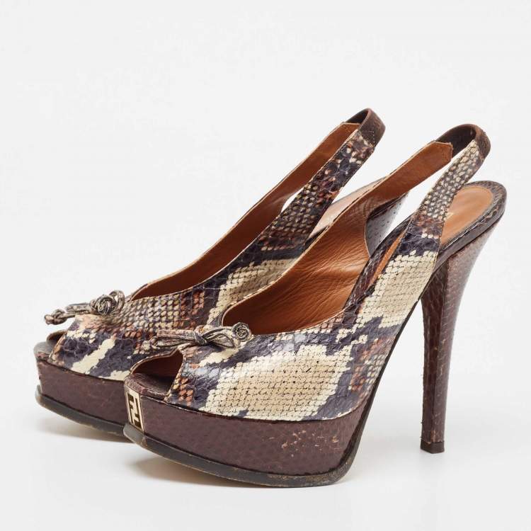 Pre Owned Fendi Tricolor Python Bow Fendista Slingback Pumps Size 39.5