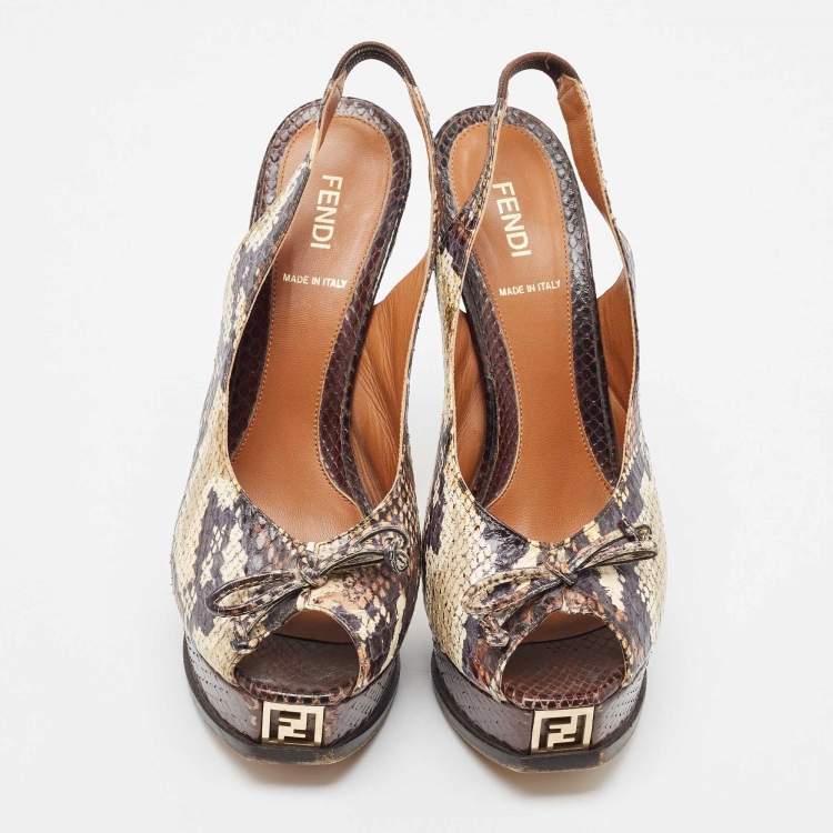 Pre Owned Fendi Tricolor Python Bow Fendista Slingback Pumps Size 39.5