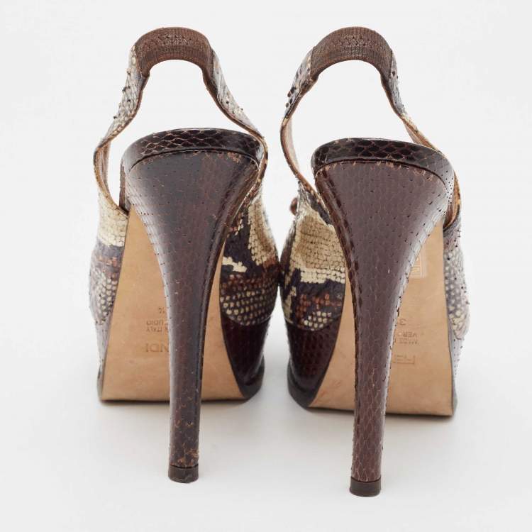 Pre Owned Fendi Tricolor Python Bow Fendista Slingback Pumps Size 39.5