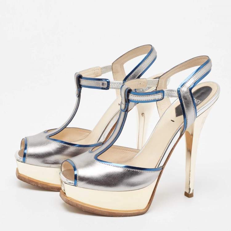 Pre Owned Fendi Tricolor Patent Leather T Strap Peep Toe Platform Sandals Size 38.5
