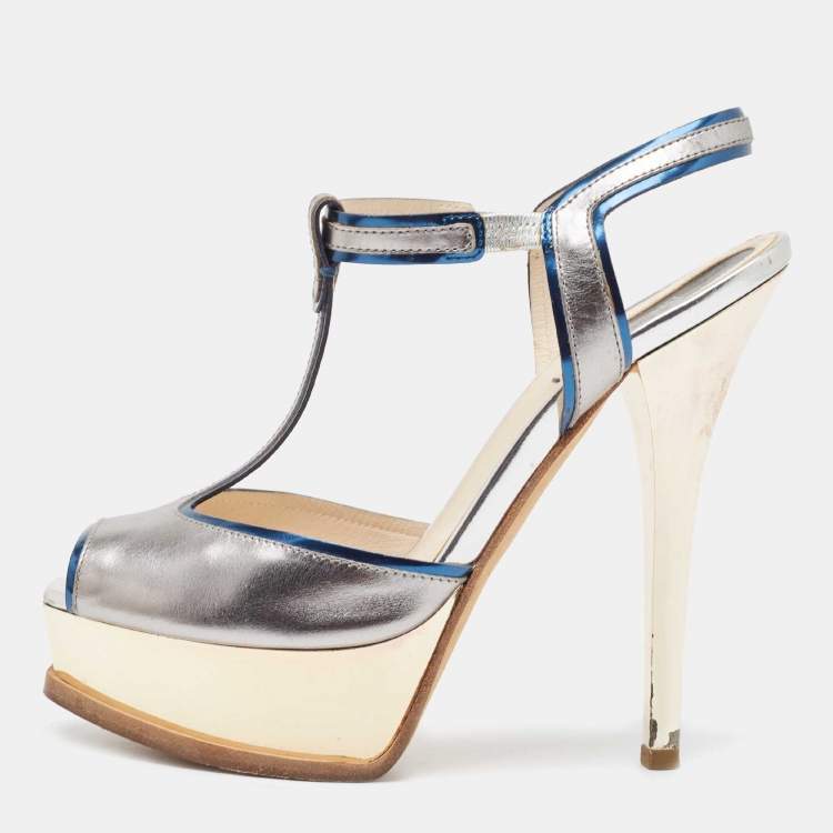 Pre Owned Fendi Tricolor Patent Leather T Strap Peep Toe Platform Sandals Size 38.5