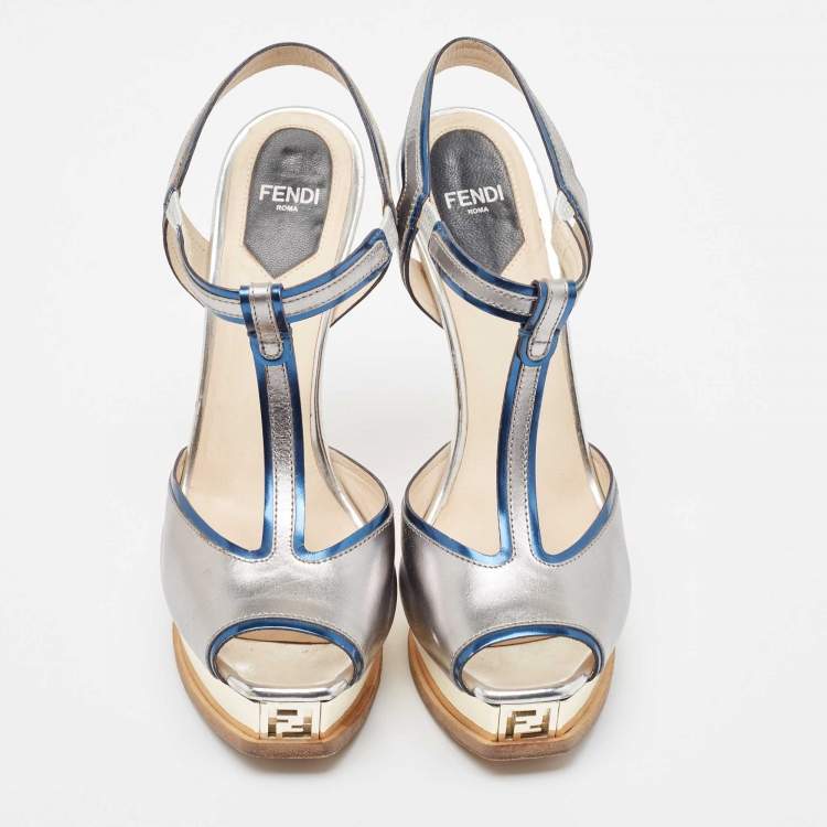 Pre Owned Fendi Tricolor Patent Leather T Strap Peep Toe Platform Sandals Size 38.5